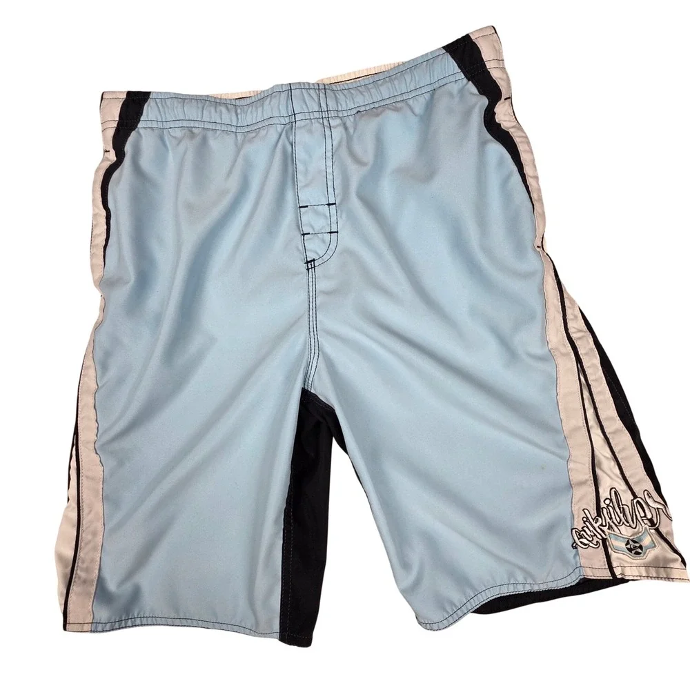 VTG Quiksilver Mens Board Shorts Blue Black White Mesh Lined Swim Trunks Size M